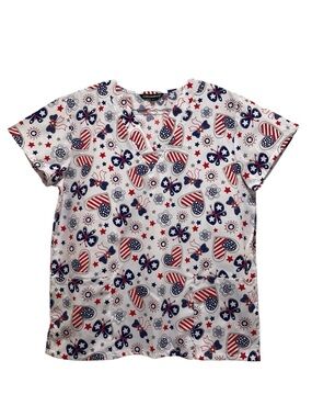 NWT Cassandra O Patriotic Women's Sz M USA Heart Flag Butterfly Scrub Top